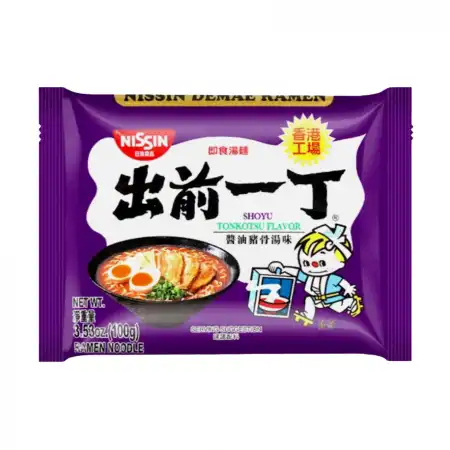 NISSIN Demae Ramen Noodle with Soup Base, Shoyu Tonkotsu Artificial Pork Flavor 100g