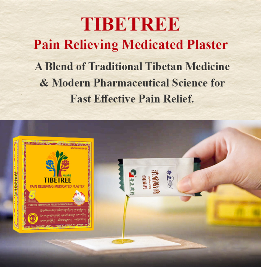 Tibetree Pain Relieving Medicated Plaster. A blend of Traditional Tibetan Medicine and Modern Pharmaceutical Science for Fast and effective pain relief.